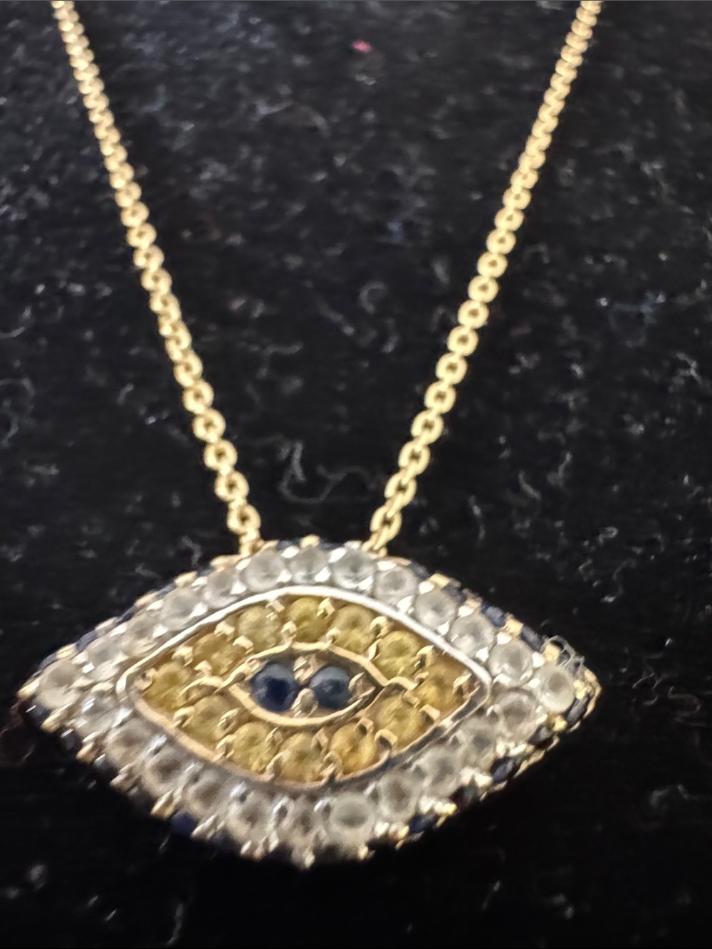 14K Gold Evil Eye Necklace with diamond and blue Sapphire stones - Picture 8 of 13